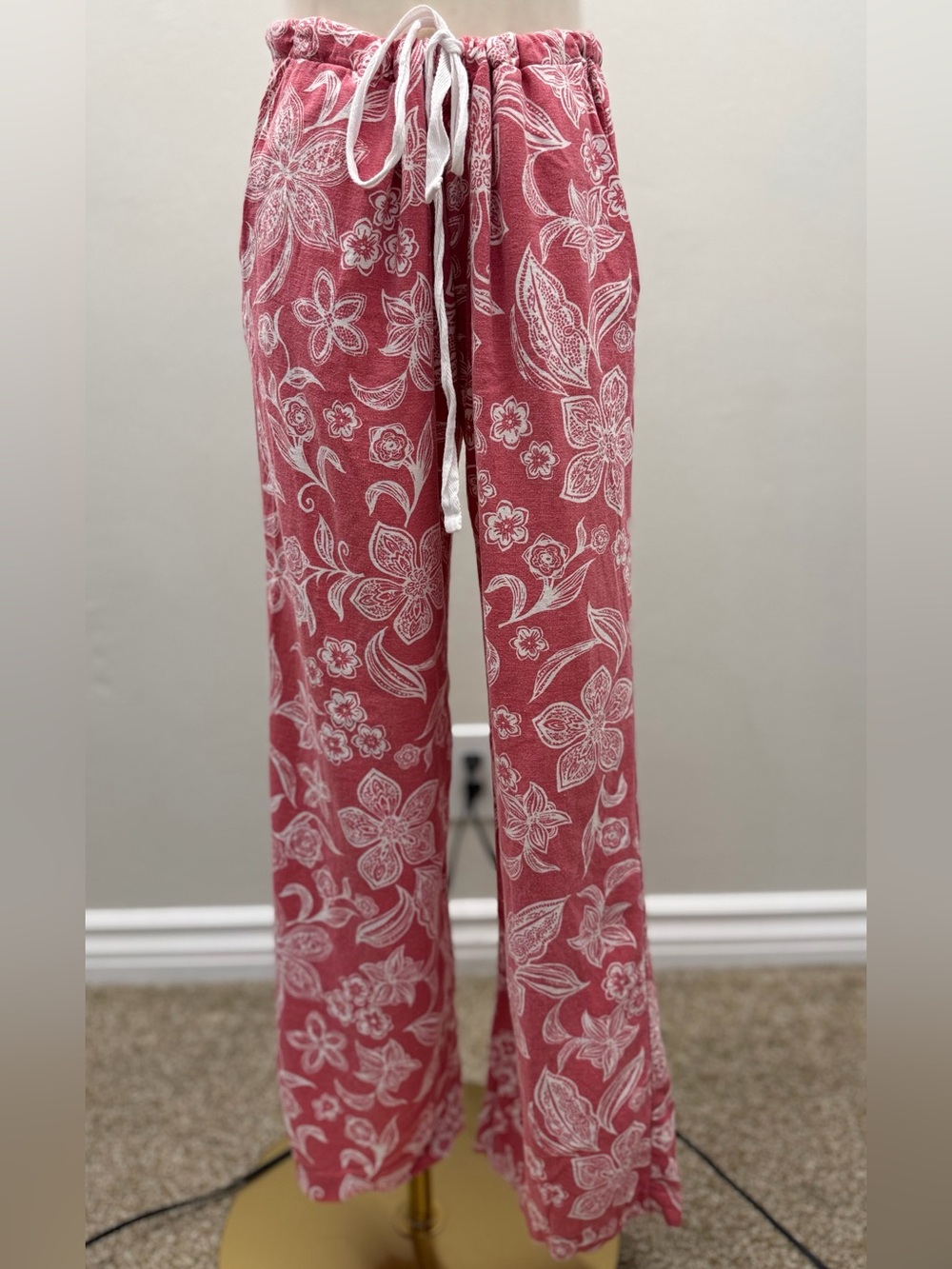 Roxy Floral Linen Blend Drawstring Wide Leg Beach Pants Pink White L